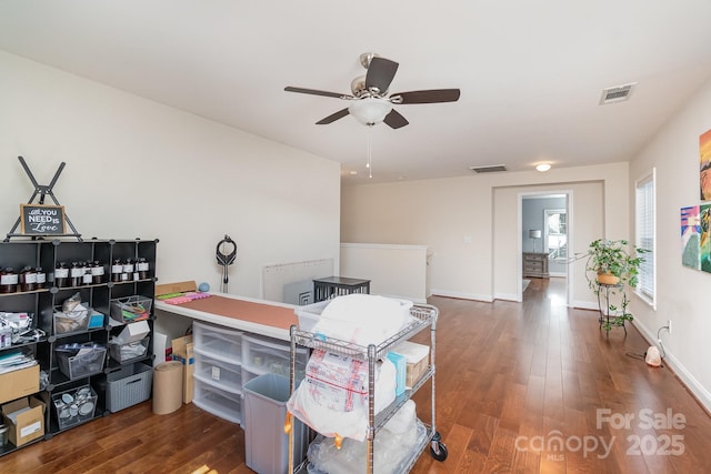 9904 Rocky Ford Club Rd, Charlotte, NC 28269 - home office featuring baseboards, visible vents, wood finished floors, and ceiling fan