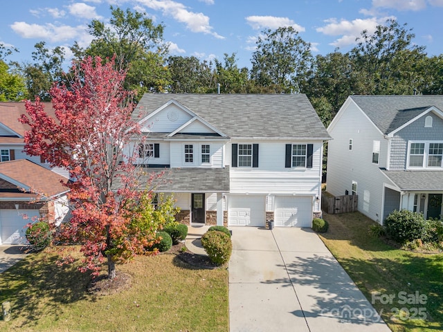 9904 Rocky Ford Club Rd, Charlotte, NC 28269 - traditional home with a front lawn, a garage, stone siding, concrete driveway, and fence