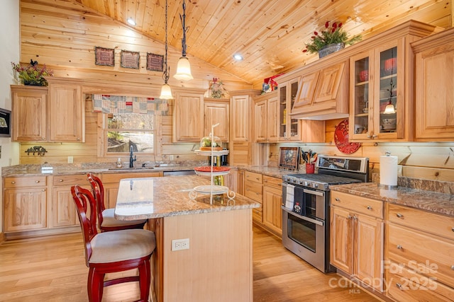 kitchen with double oven range, lofted ceiling, a sink, a center island, and wooden ceiling