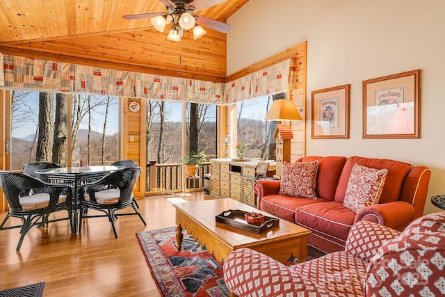 living area with lofted ceiling, ceiling fan, visible vents, wooden ceiling, and wood finished floors