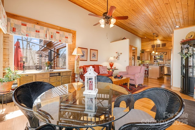 dining space featuring wood ceiling, wood walls, ceiling fan, light wood-type flooring, and lofted ceiling