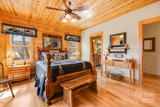 bedroom featuring wooden ceiling, wood finished floors, wooden walls, and multiple windows