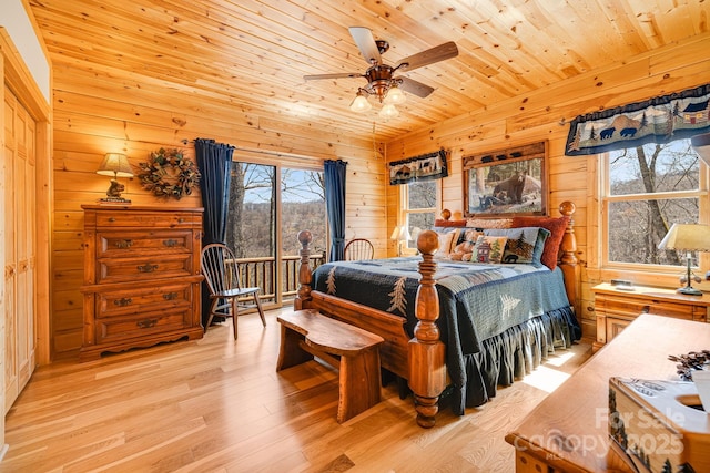 bedroom with wooden walls, access to exterior, wood finished floors, and wood ceiling