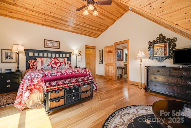 bedroom featuring wood ceiling, lofted ceiling, ceiling fan, baseboards, and wood finished floors