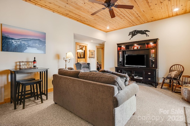 living room featuring recessed lighting, a ceiling fan, visible vents, carpet, and wood ceiling