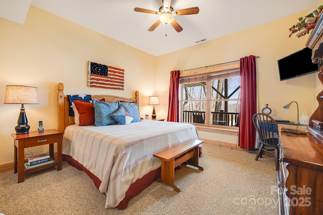 bedroom with visible vents, ceiling fan, light colored carpet, and baseboards