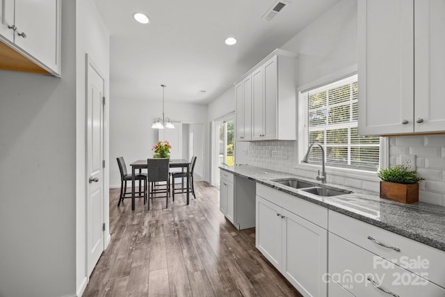 kitchen featuring white cabinets, a sink, dishwasher, decorative backsplash, and visible vents