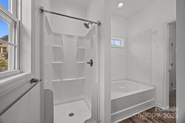 bathroom with a bathing tub, a shower stall, and wood finished floors