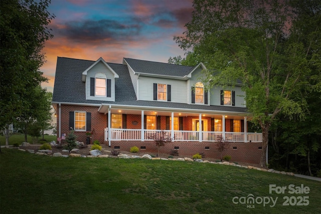 3 Kensington Ct, Granite Falls, NC 28630 - view of front of house with a front lawn, brick siding, a shingled roof, crawl space, and a porch