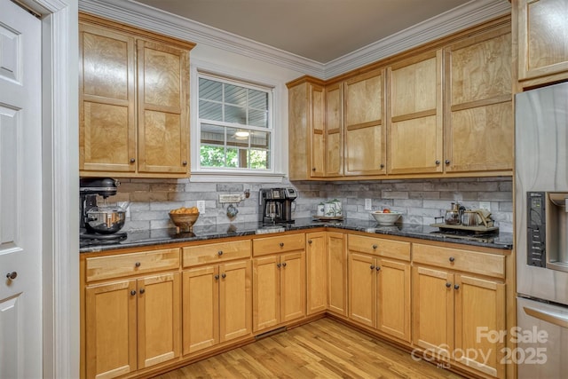 3 Kensington Ct, Granite Falls, NC 28630 - kitchen with backsplash, stainless steel refrigerator with ice dispenser, crown molding, and light wood finished floors