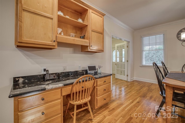 3 Kensington Ct, Granite Falls, NC 28630 - kitchen featuring crown molding, open shelves, light brown cabinets, light wood-type flooring, and built in desk