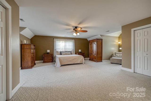 3 Kensington Ct, Granite Falls, NC 28630 - bedroom featuring ceiling fan, visible vents, baseboards, lofted ceiling, and light carpet