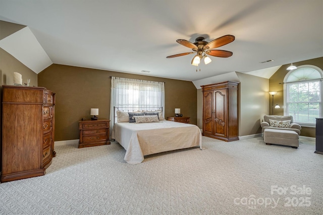 3 Kensington Ct, Granite Falls, NC 28630 - bedroom featuring visible vents, light carpet, baseboards, ceiling fan, and vaulted ceiling