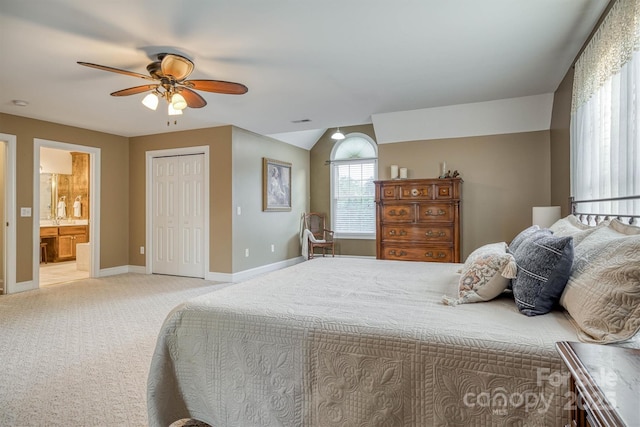 3 Kensington Ct, Granite Falls, NC 28630 - bedroom featuring baseboards, light colored carpet, connected bathroom, a ceiling fan, and vaulted ceiling