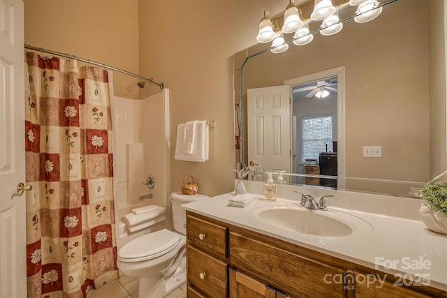 3 Kensington Ct, Granite Falls, NC 28630 - bathroom with vanity, toilet, ceiling fan, tile patterned floors, and shower / tub combo