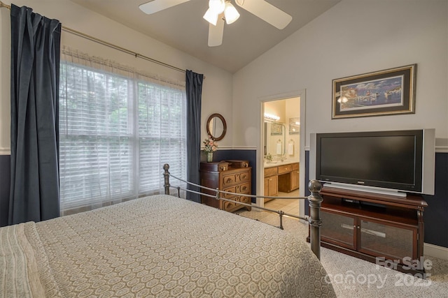 3 Kensington Ct, Granite Falls, NC 28630 - bedroom featuring carpet floors, ensuite bathroom, a ceiling fan, and lofted ceiling
