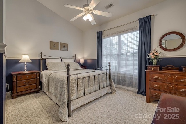 3 Kensington Ct, Granite Falls, NC 28630 - bedroom with a ceiling fan, vaulted ceiling, light colored carpet, and visible vents