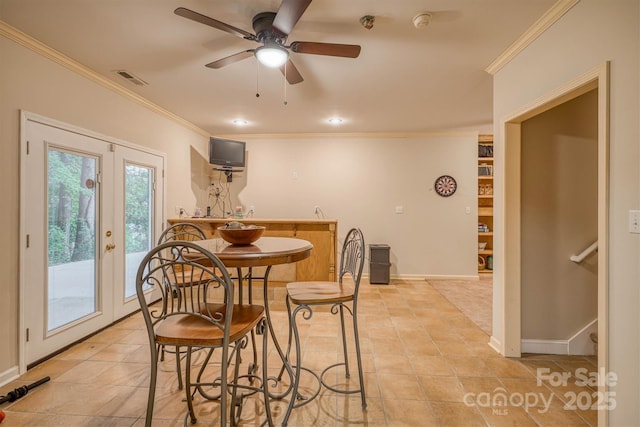 3 Kensington Ct, Granite Falls, NC 28630 - dining space featuring visible vents, ornamental molding, baseboards, and ceiling fan