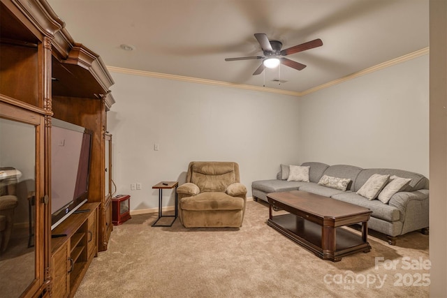 3 Kensington Ct, Granite Falls, NC 28630 - living area with light colored carpet, a ceiling fan, baseboards, visible vents, and ornamental molding
