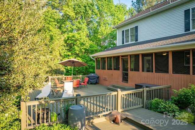 3 Kensington Ct, Granite Falls, NC 28630 - wooden terrace featuring outdoor dining area, a sunroom, and area for grilling