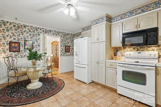 174 Sunny Knoll Ln, Boone, NC 28607 - kitchen featuring white appliances, wallpapered walls, a ceiling fan, ornamental molding, and light countertops