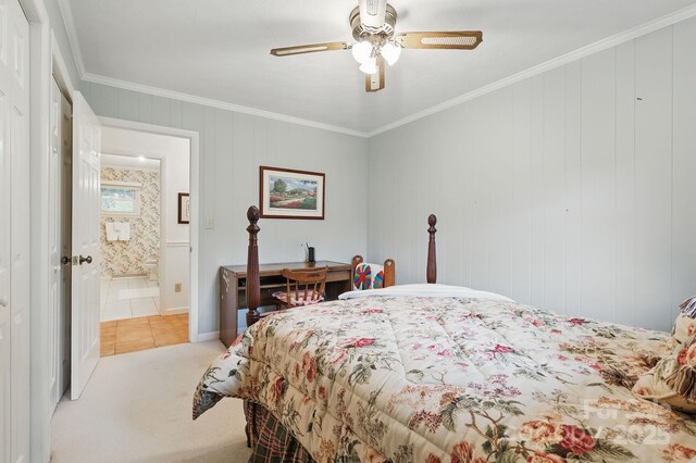 174 Sunny Knoll Ln, Boone, NC 28607 - bedroom with ornamental molding, light carpet, a ceiling fan, ensuite bathroom, and light tile patterned floors