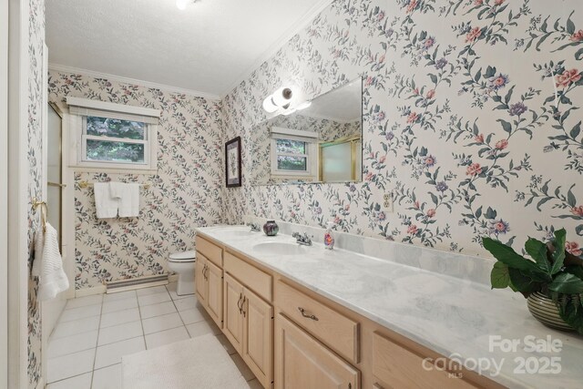 174 Sunny Knoll Ln, Boone, NC 28607 - bathroom with wallpapered walls, ornamental molding, tile patterned floors, double vanity, and plenty of natural light