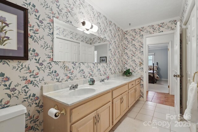 174 Sunny Knoll Ln, Boone, NC 28607 - full bathroom with ornamental molding, double vanity, tile patterned flooring, and wallpapered walls