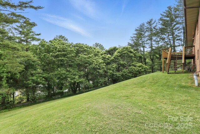 174 Sunny Knoll Ln, Boone, NC 28607 - view of green lawn with stairs and a wooden deck