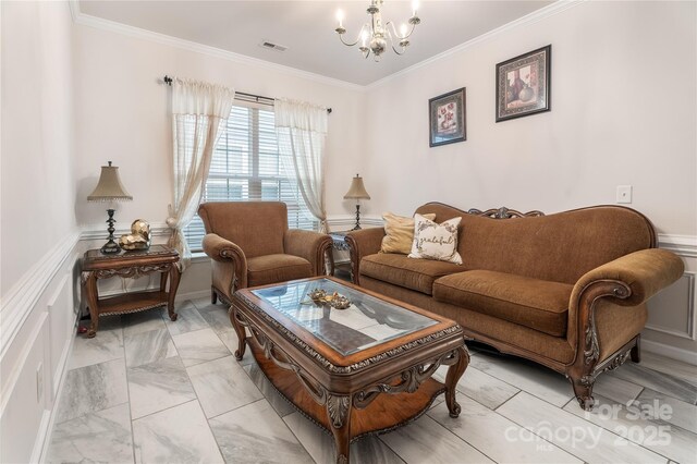 living area featuring ornamental molding, marble finish floor, a notable chandelier, and visible vents