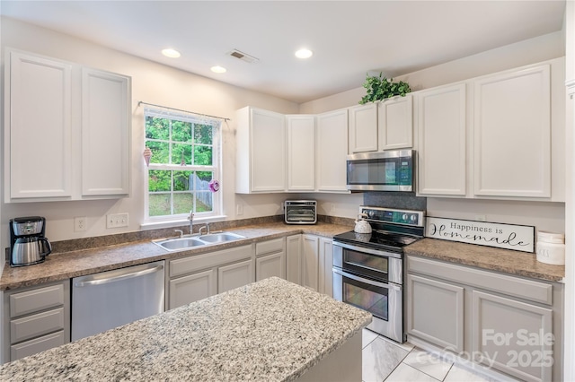 kitchen with visible vents, white cabinets, appliances with stainless steel finishes, and a sink