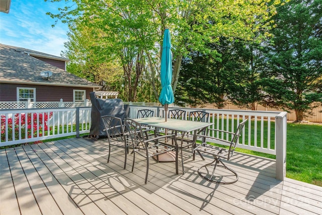 8428 Westmoreland Lake Dr, Cornelius, NC 28031 - wooden deck featuring a lawn, outdoor dining area, a grill, and a fenced backyard