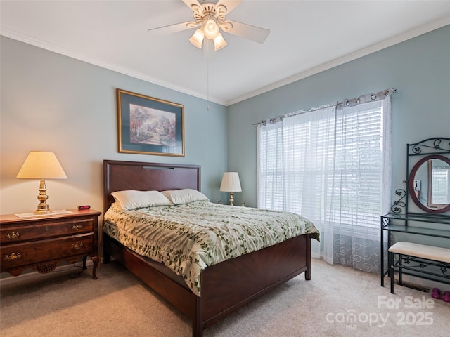 carpeted bedroom with multiple windows, crown molding, and ceiling fan