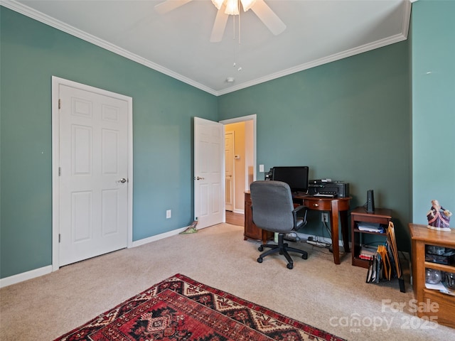 office with carpet floors, crown molding, ceiling fan, and baseboards