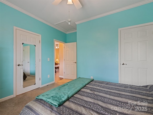bedroom featuring carpet, ornamental molding, baseboards, and ceiling fan