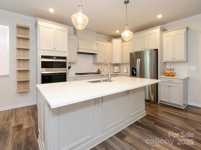 1516 Laggan Ln, Indian Trail, NC 28079 - kitchen with a sink, dark wood-type flooring, custom exhaust hood, decorative backsplash, and appliances with stainless steel finishes