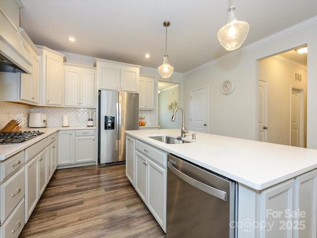 1516 Laggan Ln, Indian Trail, NC 28079 - kitchen with ornamental molding, visible vents, a sink, appliances with stainless steel finishes, and dark wood-style floors