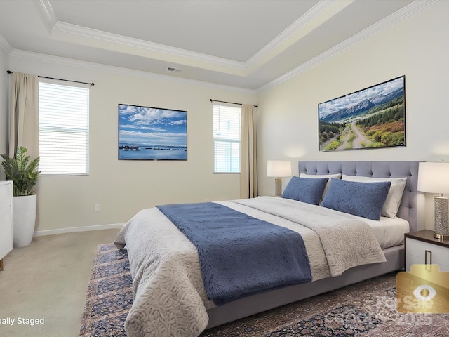 1516 Laggan Ln, Indian Trail, NC 28079 - bedroom with a raised ceiling, light carpet, ornamental molding, and baseboards
