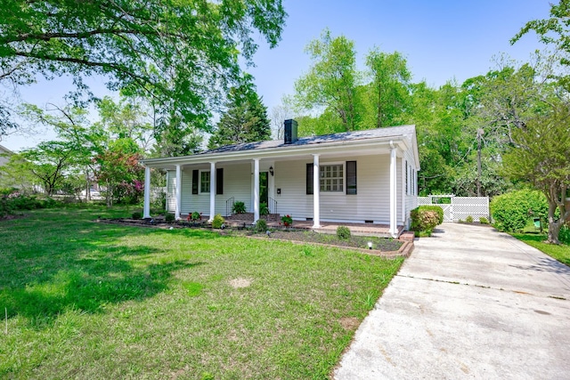 402 Hudson St, Winnsboro, SC 29180 - view of front of property featuring a chimney, concrete driveway, crawl space, covered porch, and a front yard