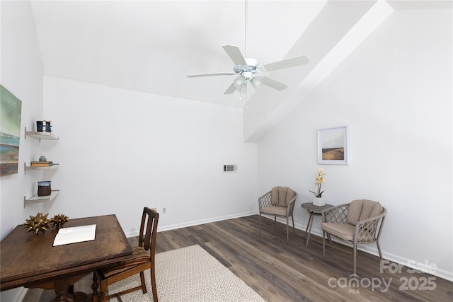 office with wood finished floors, visible vents, lofted ceiling, and a ceiling fan