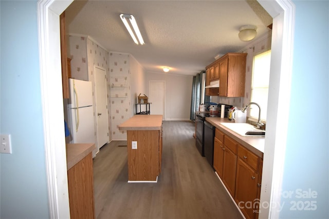 234 Olin Loop, Olin, NC 28660 - kitchen featuring freestanding refrigerator, electric range, a kitchen island, wood finished floors, and light countertops