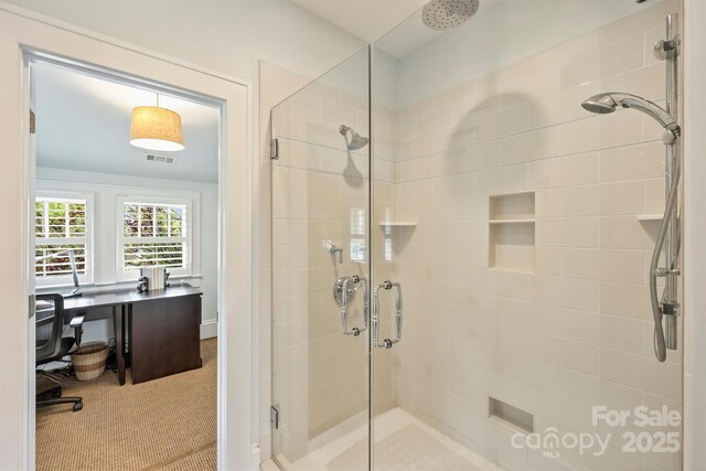full bath featuring visible vents and a stall shower