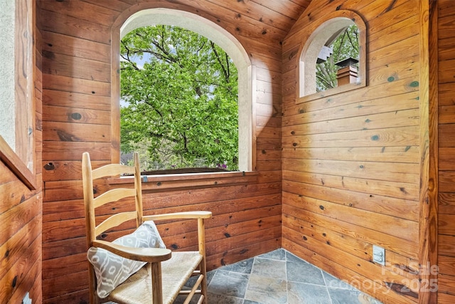 unfurnished room featuring stone finish flooring, wooden walls, and plenty of natural light
