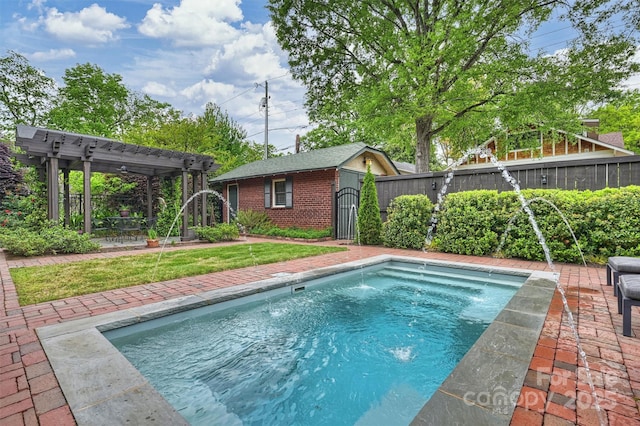 view of pool with a fenced in pool, a gate, a pergola, a fenced backyard, and a patio area