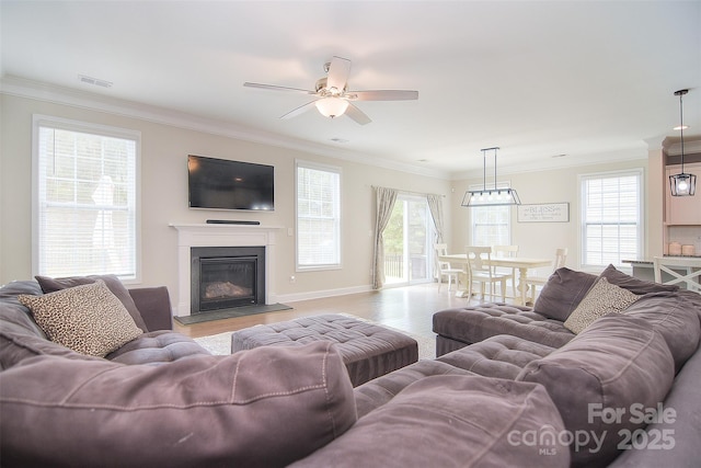 2014 Burton Point Ct, Waxhaw, NC 28173 - living area featuring ceiling fan, a glass covered fireplace, ornamental molding, and wood finished floors