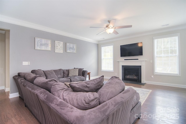 2014 Burton Point Ct, Waxhaw, NC 28173 - living area with crown molding, a ceiling fan, wood finished floors, and a glass covered fireplace