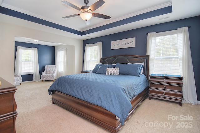 2014 Burton Point Ct, Waxhaw, NC 28173 - bedroom with carpet, a raised ceiling, crown molding, and ceiling fan