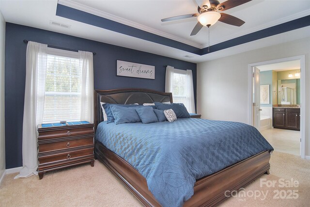 2014 Burton Point Ct, Waxhaw, NC 28173 - bedroom featuring light carpet, ensuite bathroom, crown molding, and ceiling fan