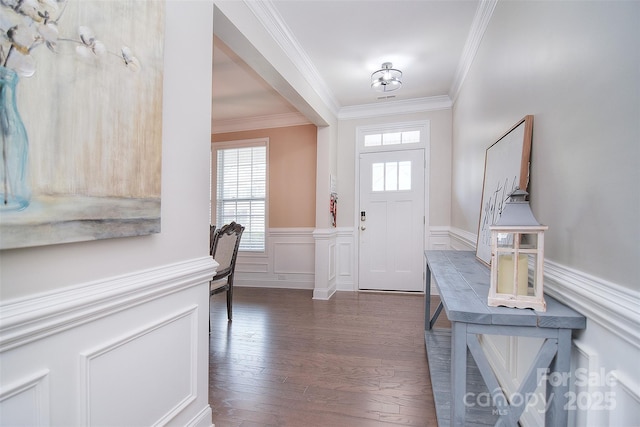 2014 Burton Point Ct, Waxhaw, NC 28173 - foyer entrance featuring ornamental molding, dark wood-type flooring, and a wainscoted wall