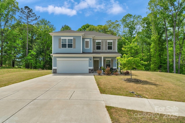 view of front of home featuring covered porch, an attached garage, a front yard, and concrete driveway